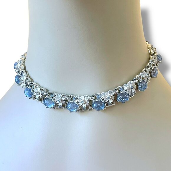 Vintage 1950s Choker Necklace Blue Rhinestone Confetti Lucite Floral Enamel READ - Picture 11 of 16